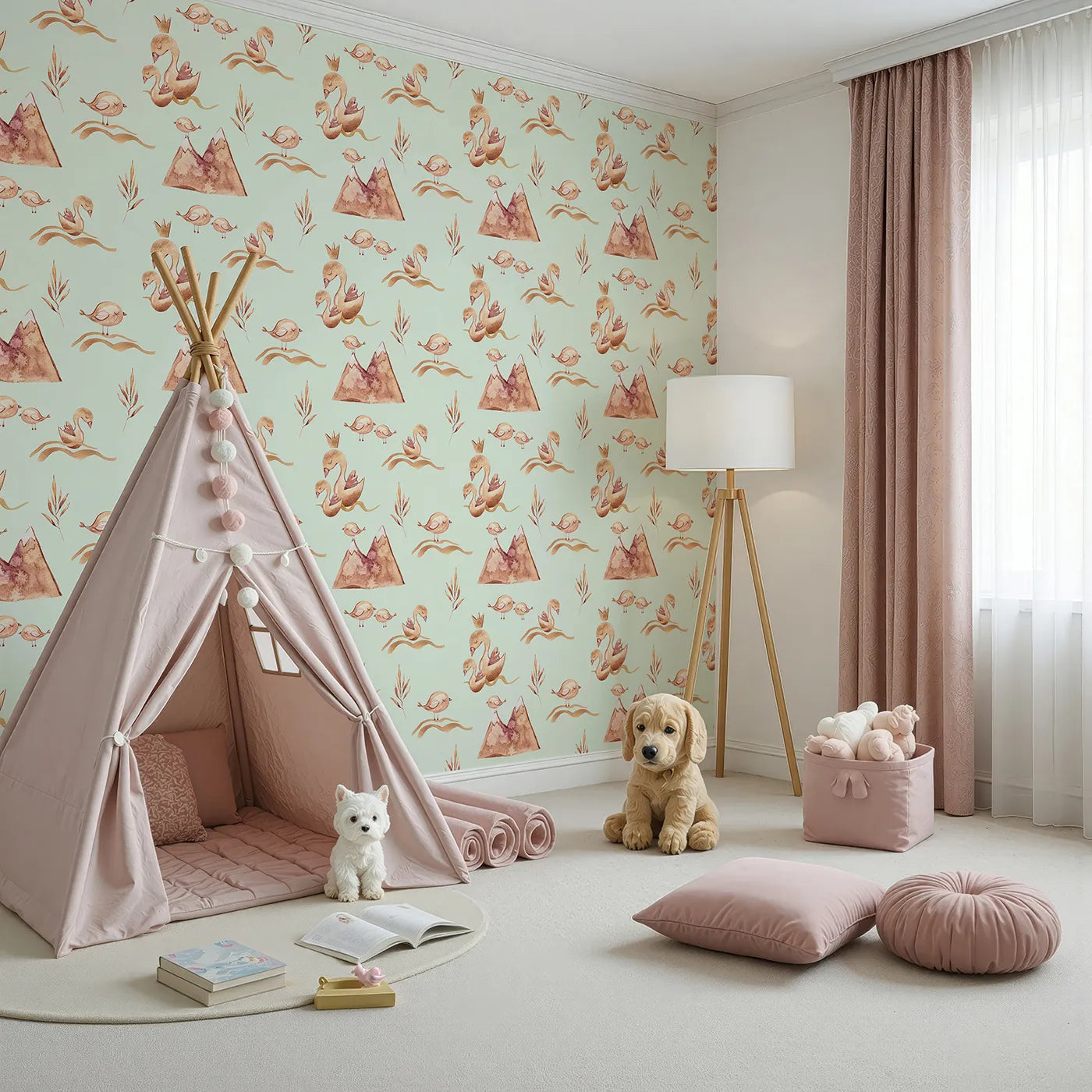 Angled view of Whimsy Tots' Feathered Serenity Wallpaper in Mint (W3377D).Swans and birds float gently on a soft mint sky.