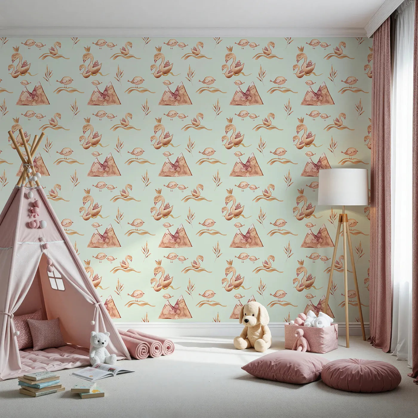 Front view of Whimsy Tots' Feathered Serenity Wallpaper in Mint