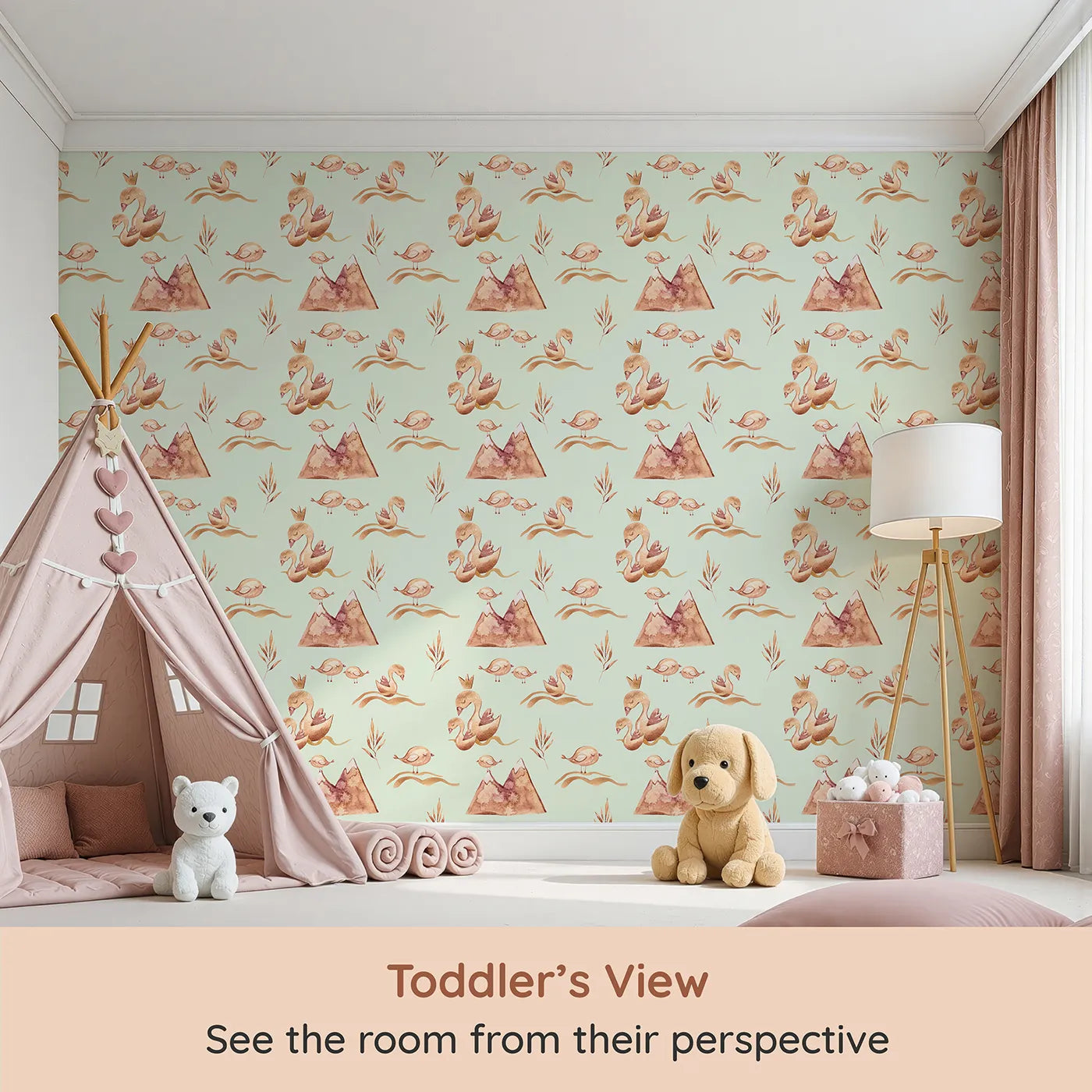Whimsy Tots Feathered Serenity Wallpaper in Mint (W3377D) from your child's view.Swans and birds float gently on a soft mint sky.