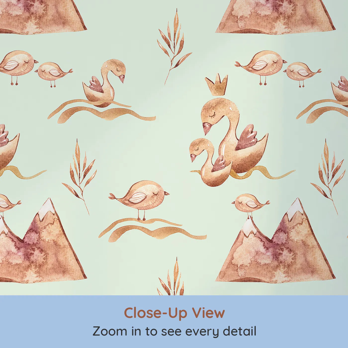 Close-up view of Whimsy Tots' Feathered Serenity Wallpaper in Mint (W3377D).Swans and birds float gently on a soft mint sky.