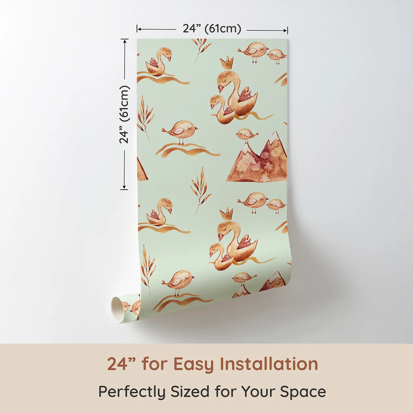 Dimension view of Whimsy Tots Feathered Serenity Wallpaper in Mint (W3377D). Printed in 24-inch-wide panel for easy installation. Swans and birds float gently on a soft mint sky.