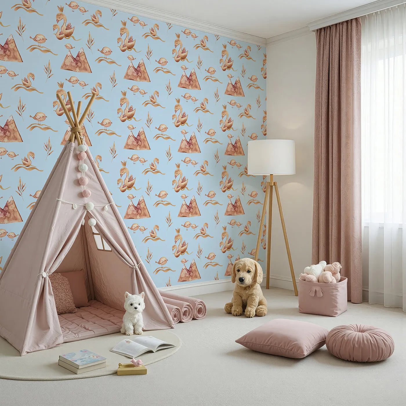 Angled view of Whimsy Tots' Feathered Serenity Wallpaper in Sky (W3377E).Sleepy birds and crowned swans drift calmly across a soft sky-blue dream.