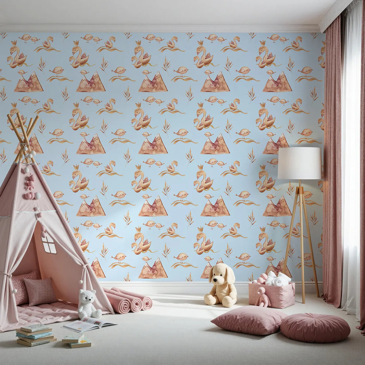 Front view of Whimsy Tots' Feathered Serenity Wallpaper in Sky