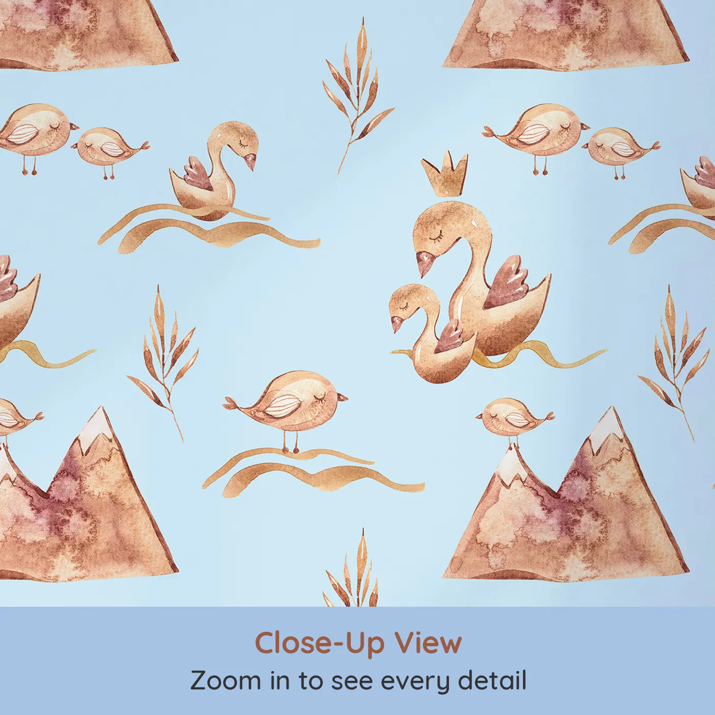 Close-up view of Whimsy Tots' Feathered Serenity Wallpaper in Sky (W3377E).Sleepy birds and crowned swans drift calmly across a soft sky-blue dream.