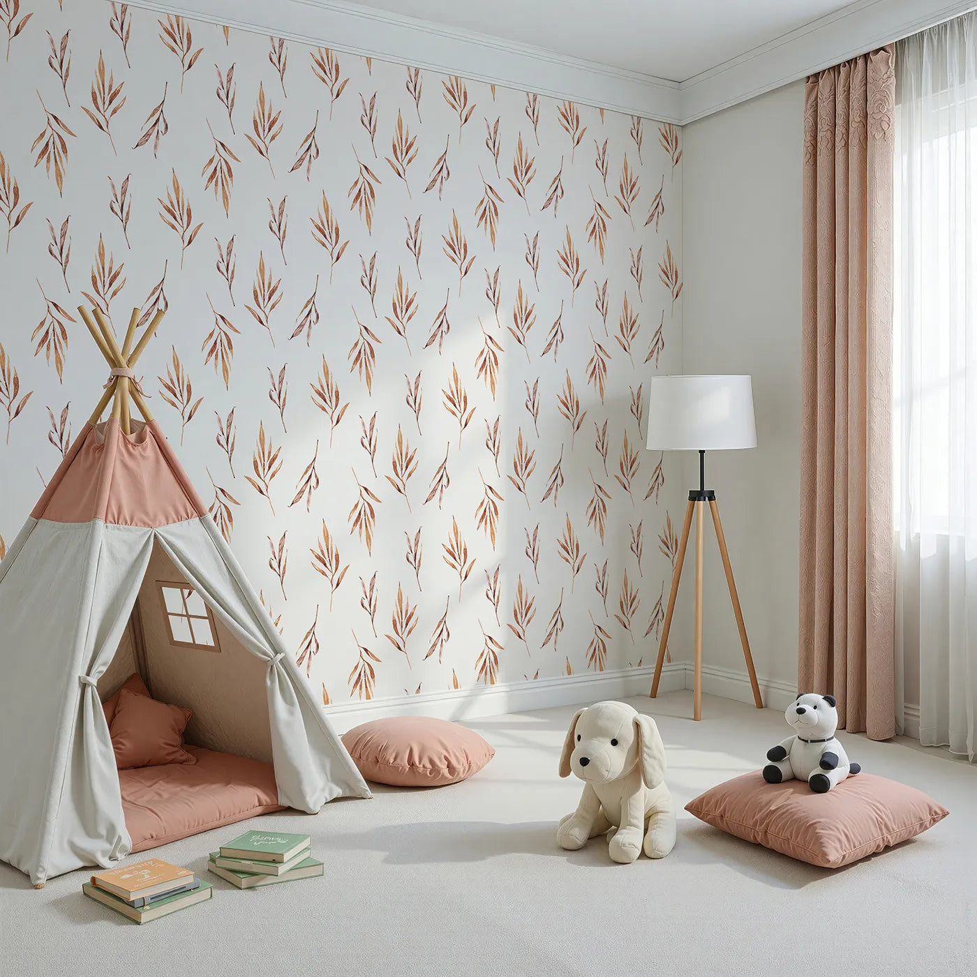 Angled view of Whimsy Tots' Rustle and Grace Wallpaper in White (W3378A).Soft branches dance gently across a clean white sky.