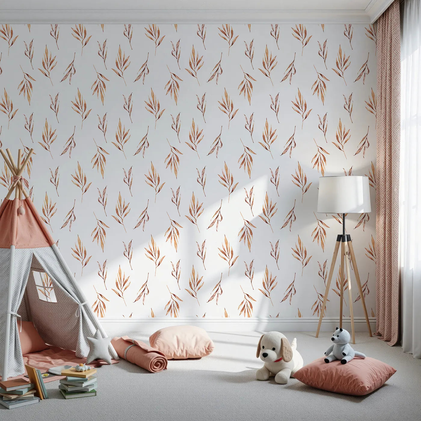 Front view of Whimsy Tots' Rustle and Grace Wallpaper in White