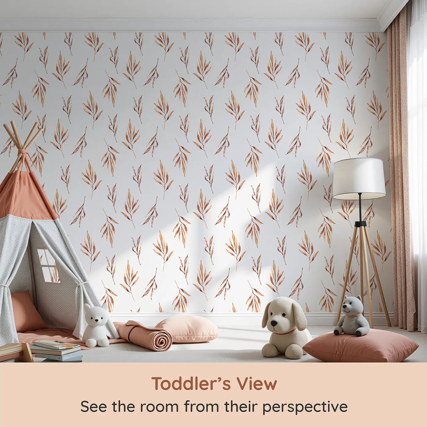 Whimsy Tots Rustle and Grace Wallpaper in White (W3378A) from your child's view.Soft branches dance gently across a clean white sky.