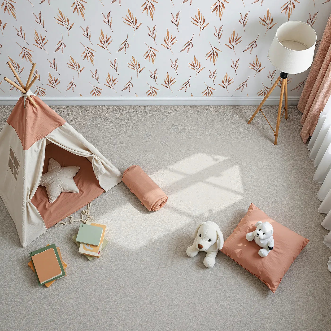 Top-Down view of Whimsy Tots' Rustle and Grace Wallpaper in White (W3378A).Soft branches dance gently across a clean white sky.
