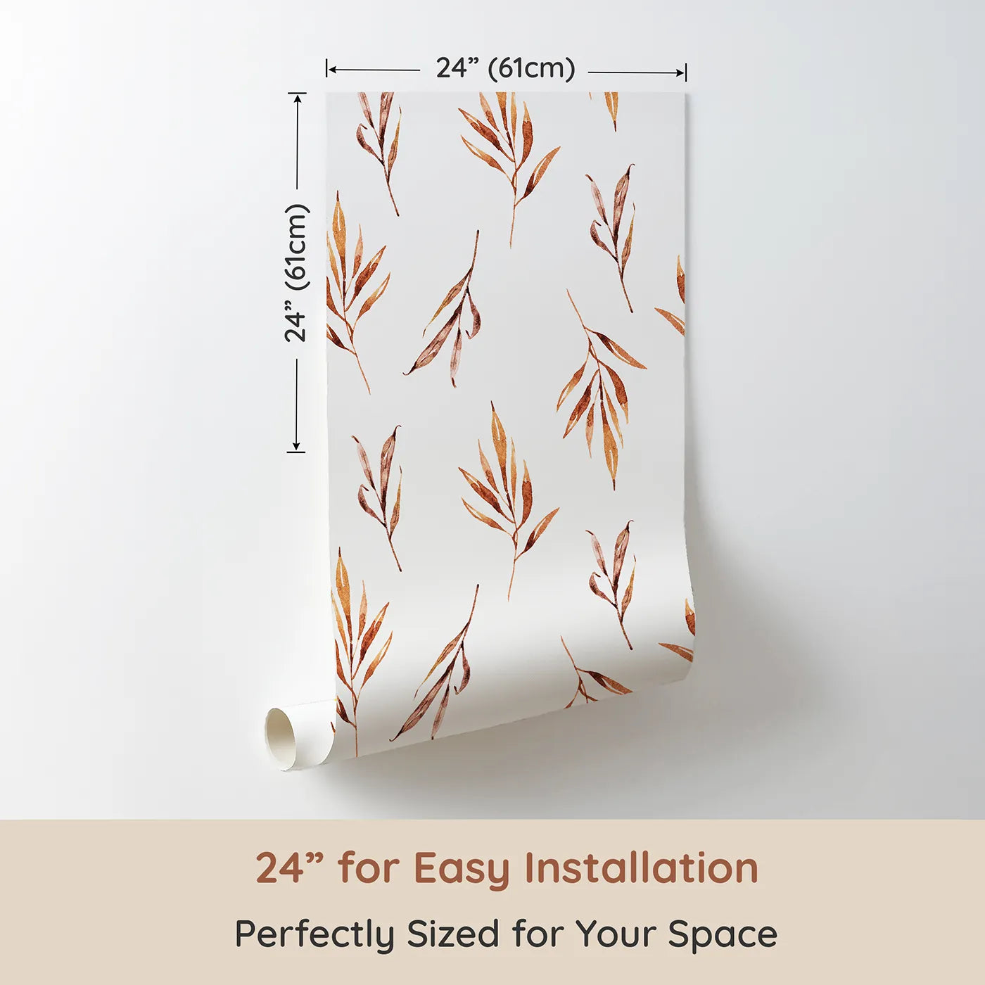 Dimension view of Whimsy Tots Rustle and Grace Wallpaper in White (W3378A). Printed in 24-inch-wide panel for easy installation. Soft branches dance gently across a clean white sky.