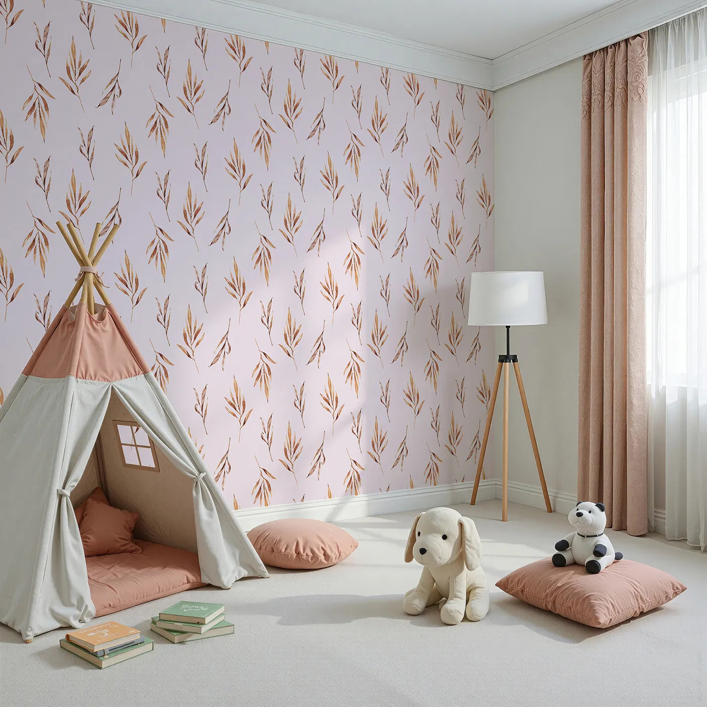 Angled view of Whimsy Tots' Rustle and Grace Wallpaper in Blush Pink (W3378B).Watercolor branches flutter gently on a warm blush breeze.