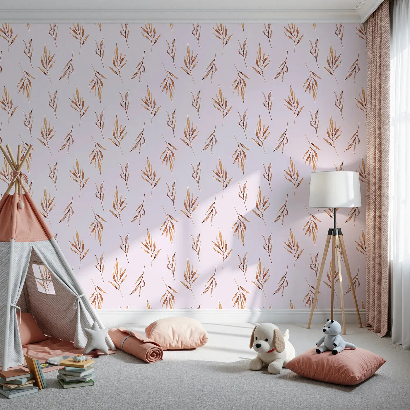Front view of Whimsy Tots' Rustle and Grace Wallpaper in Blush Pink