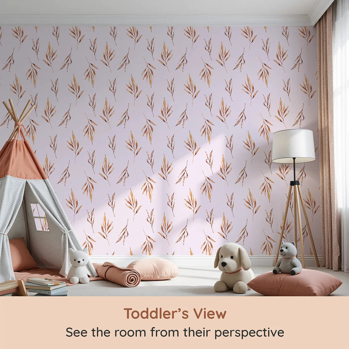 Whimsy Tots Rustle and Grace Wallpaper in Blush Pink (W3378B) from your child's view.Watercolor branches flutter gently on a warm blush breeze.
