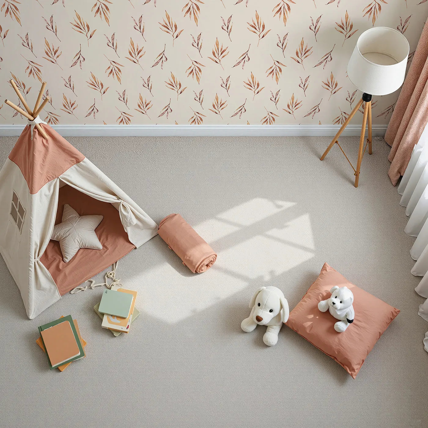 Top-Down view of Whimsy Tots' Rustle and Grace Wallpaper in Cream (W3378C).Gentle branches drift across a creamy canvas of comfort.