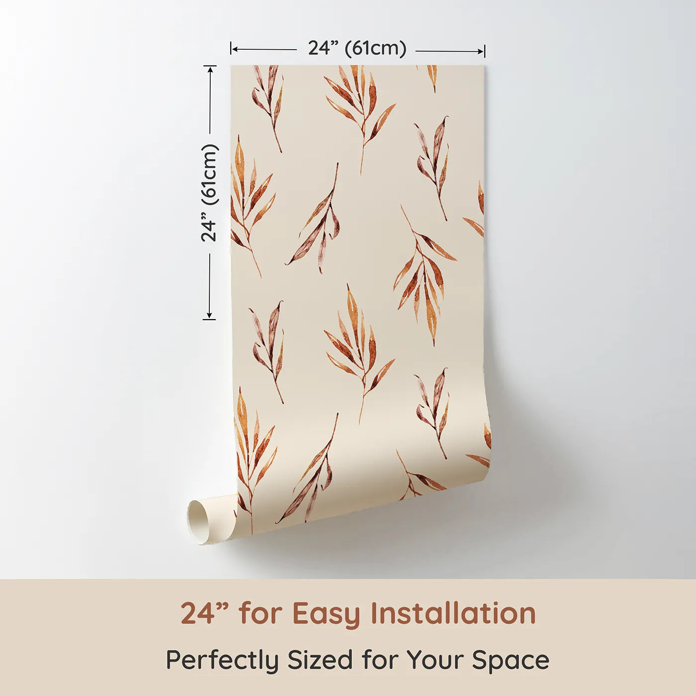 Dimension view of Whimsy Tots Rustle and Grace Wallpaper in Cream (W3378C). Printed in 24-inch-wide panel for easy installation. Gentle branches drift across a creamy canvas of comfort.