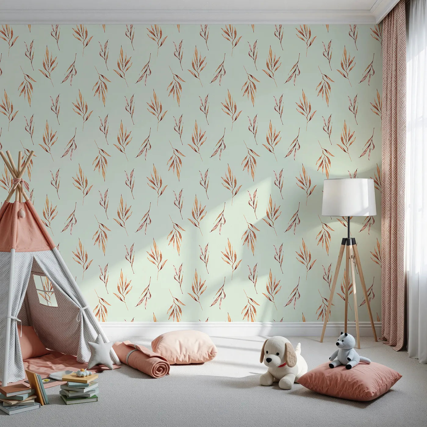 Front view of Whimsy Tots' Rustle and Grace Wallpaper in Mint Green