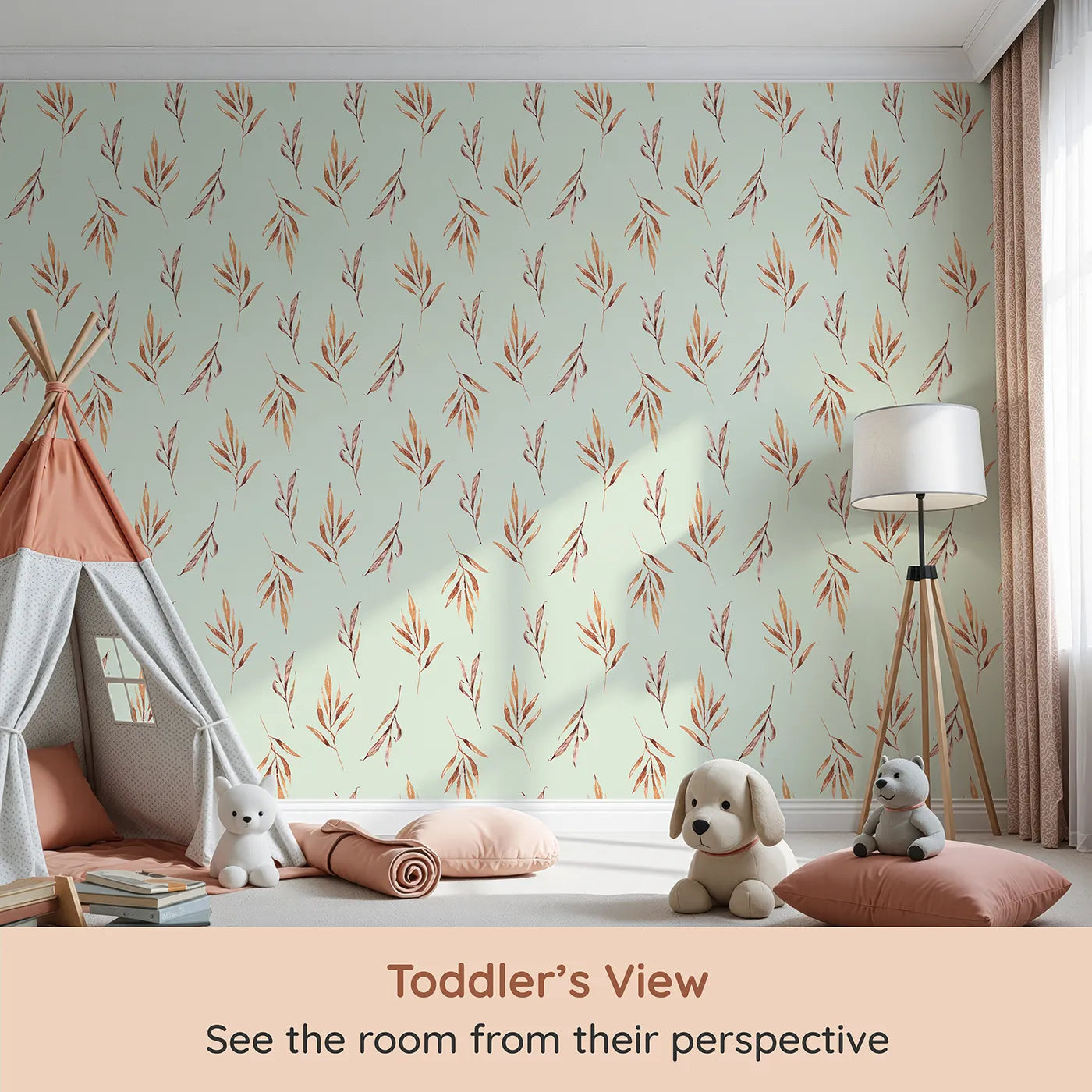 Whimsy Tots Rustle and Grace Wallpaper in Mint Green (W3378D) from your child's view.Watercolor leaves float softly across a cool mint sky.
