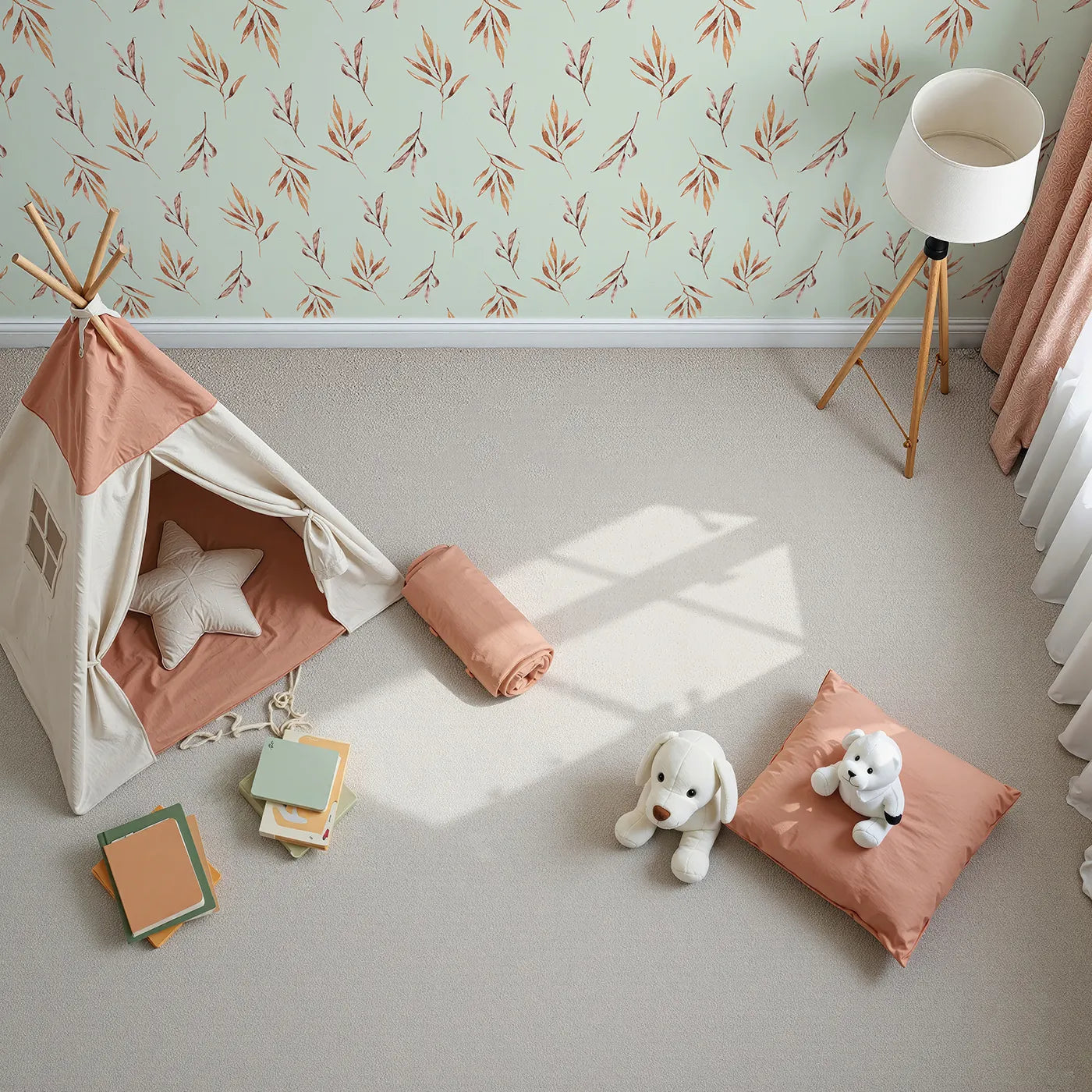 Top-Down view of Whimsy Tots' Rustle and Grace Wallpaper in Mint Green (W3378D).Watercolor leaves float softly across a cool mint sky.