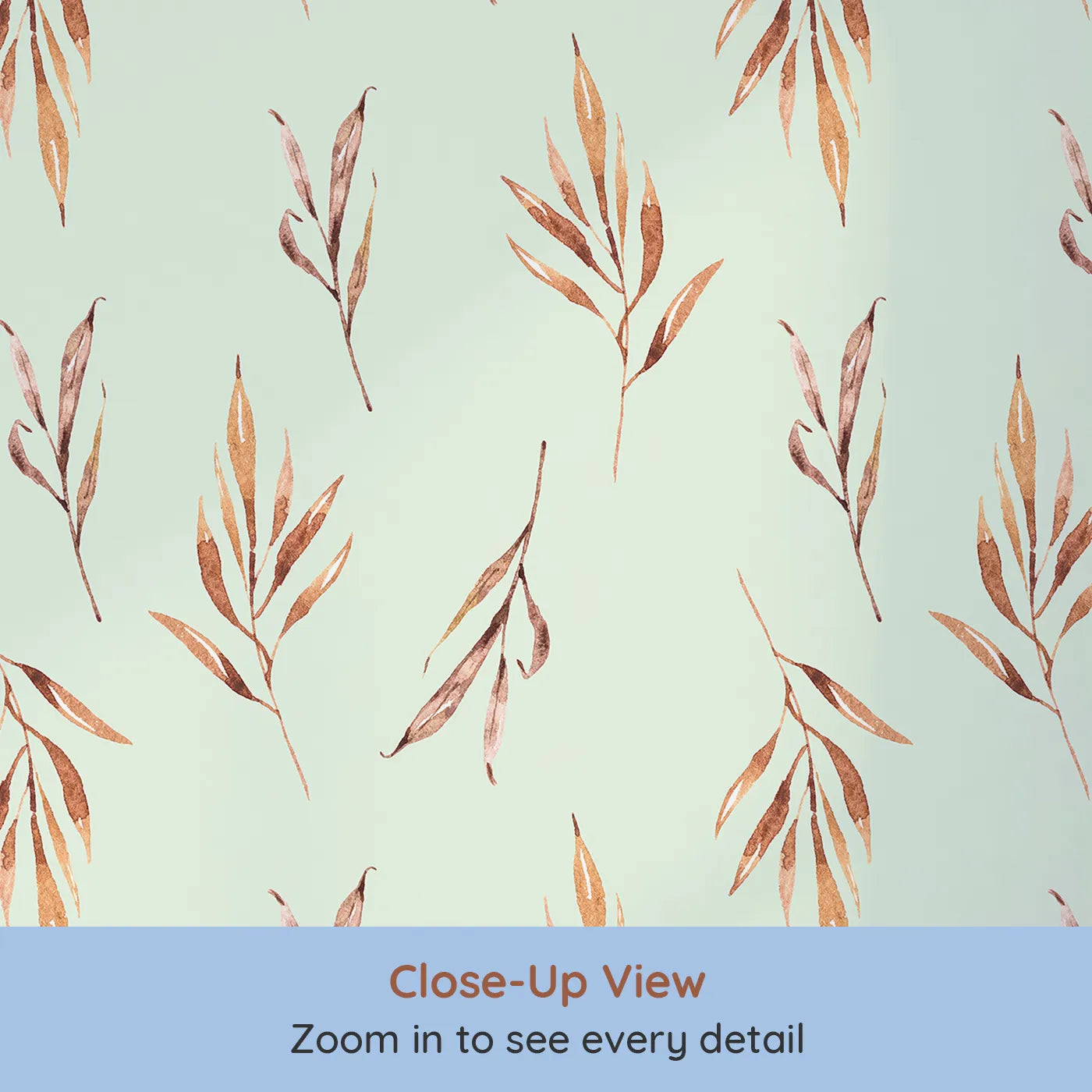 Close-up view of Whimsy Tots' Rustle and Grace Wallpaper in Mint Green (W3378D).Watercolor leaves float softly across a cool mint sky.