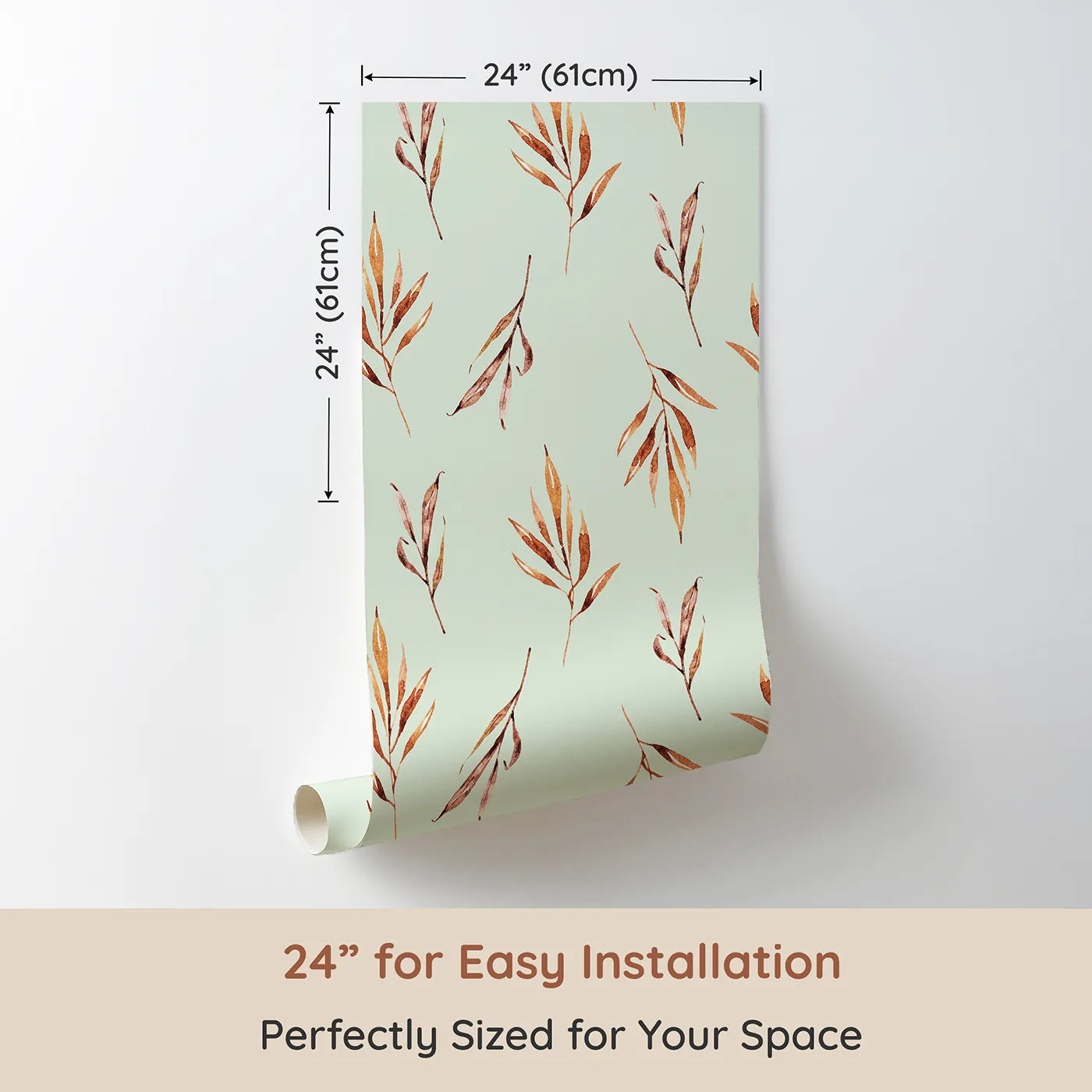 Dimension view of Whimsy Tots Rustle and Grace Wallpaper in Mint Green (W3378D). Printed in 24-inch-wide panel for easy installation. Watercolor leaves float softly across a cool mint sky.