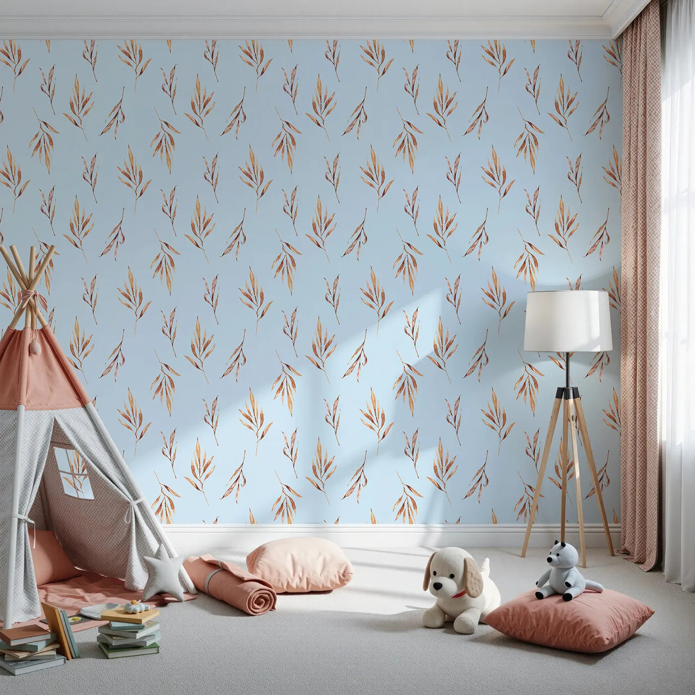 Front view of Whimsy Tots' Rustle and Grace Wallpaper in Sky