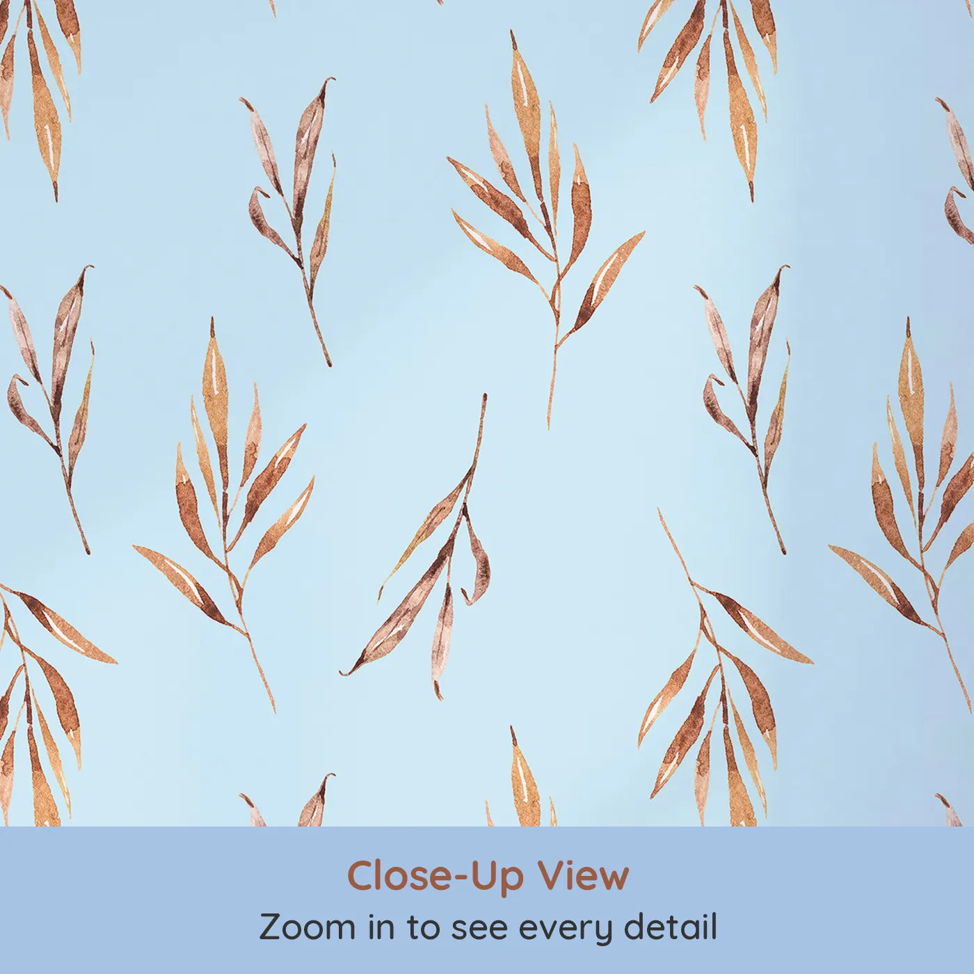 Close-up view of Whimsy Tots' Rustle and Grace Wallpaper in Sky (W3378E).Golden leaves drift gently across a light blue breeze.