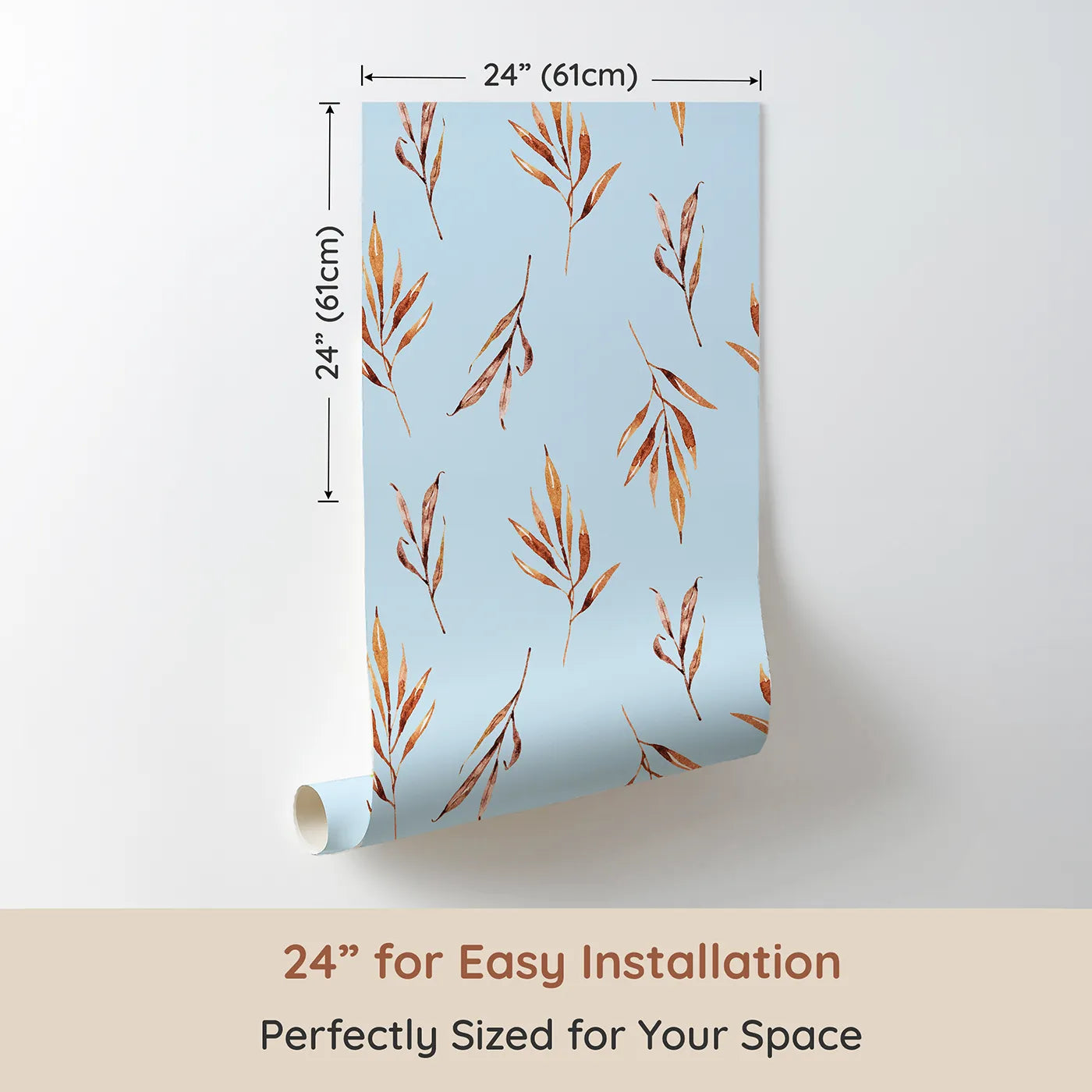 Dimension view of Whimsy Tots Rustle and Grace Wallpaper in Sky (W3378E). Printed in 24-inch-wide panel for easy installation. Golden leaves drift gently across a light blue breeze.