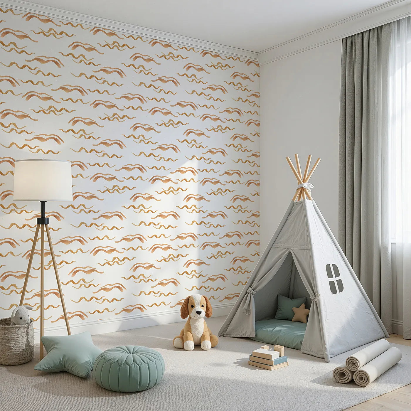 Angled view of Whimsy Tots' Soft Wave Rhythm Wallpaper in White (W3379A).Hand-painted waves ripple softly across a clean white sky.