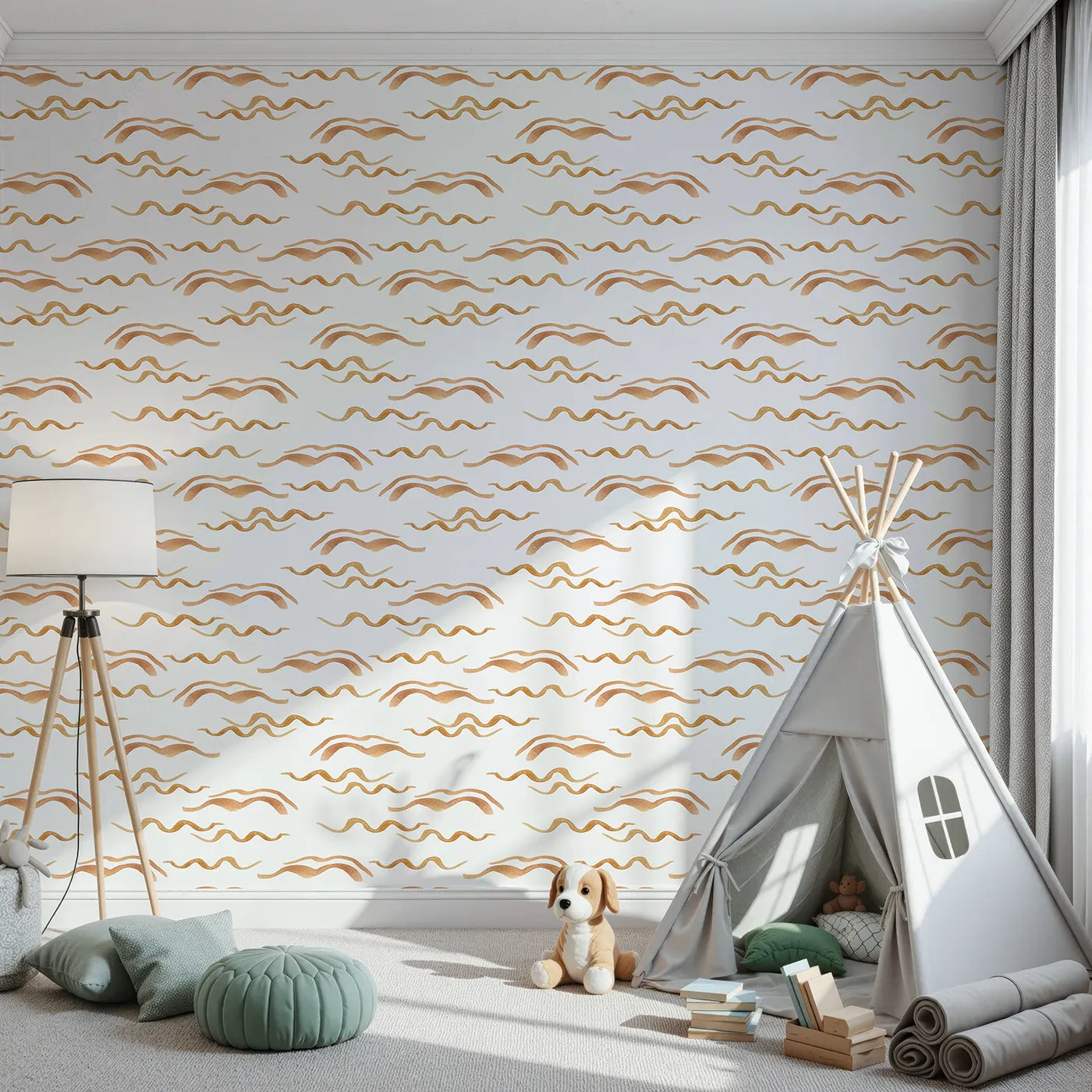 Front view of Whimsy Tots' Soft Wave Rhythm Wallpaper in White
