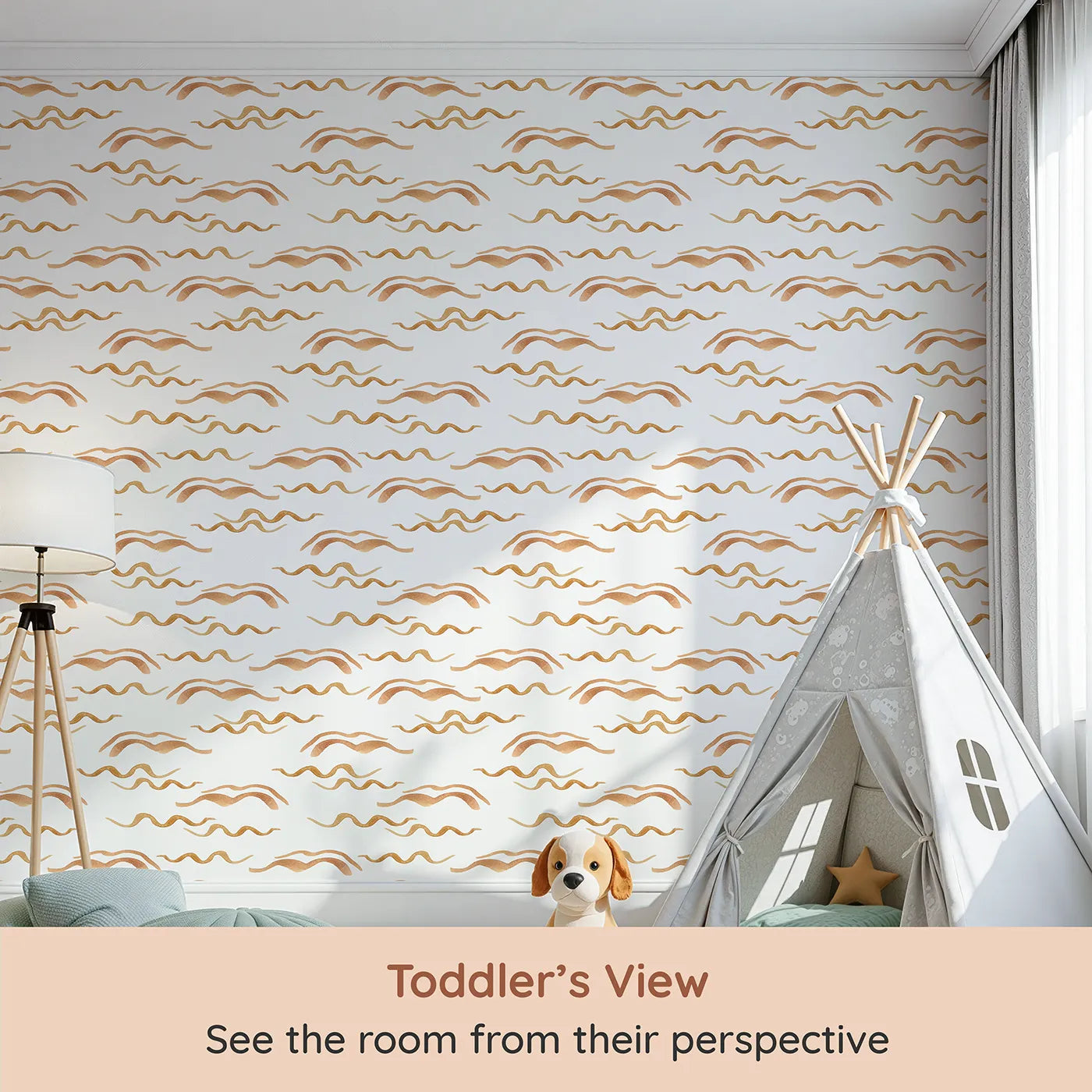 Whimsy Tots Soft Wave Rhythm Wallpaper in White (W3379A) from your child's view.Hand-painted waves ripple softly across a clean white sky.