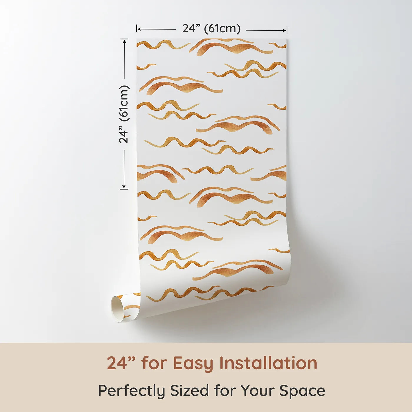 Dimension view of Whimsy Tots Soft Wave Rhythm Wallpaper in White (W3379A). Printed in 24-inch-wide panel for easy installation. Hand-painted waves ripple softly across a clean white sky.