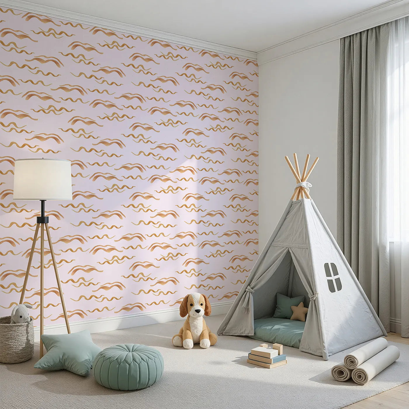 Angled view of Whimsy Tots' Soft Wave Rhythm Wallpaper in Blush Pink (W3379B).Earth-toned waves ripple softly on a gentle blush sky.