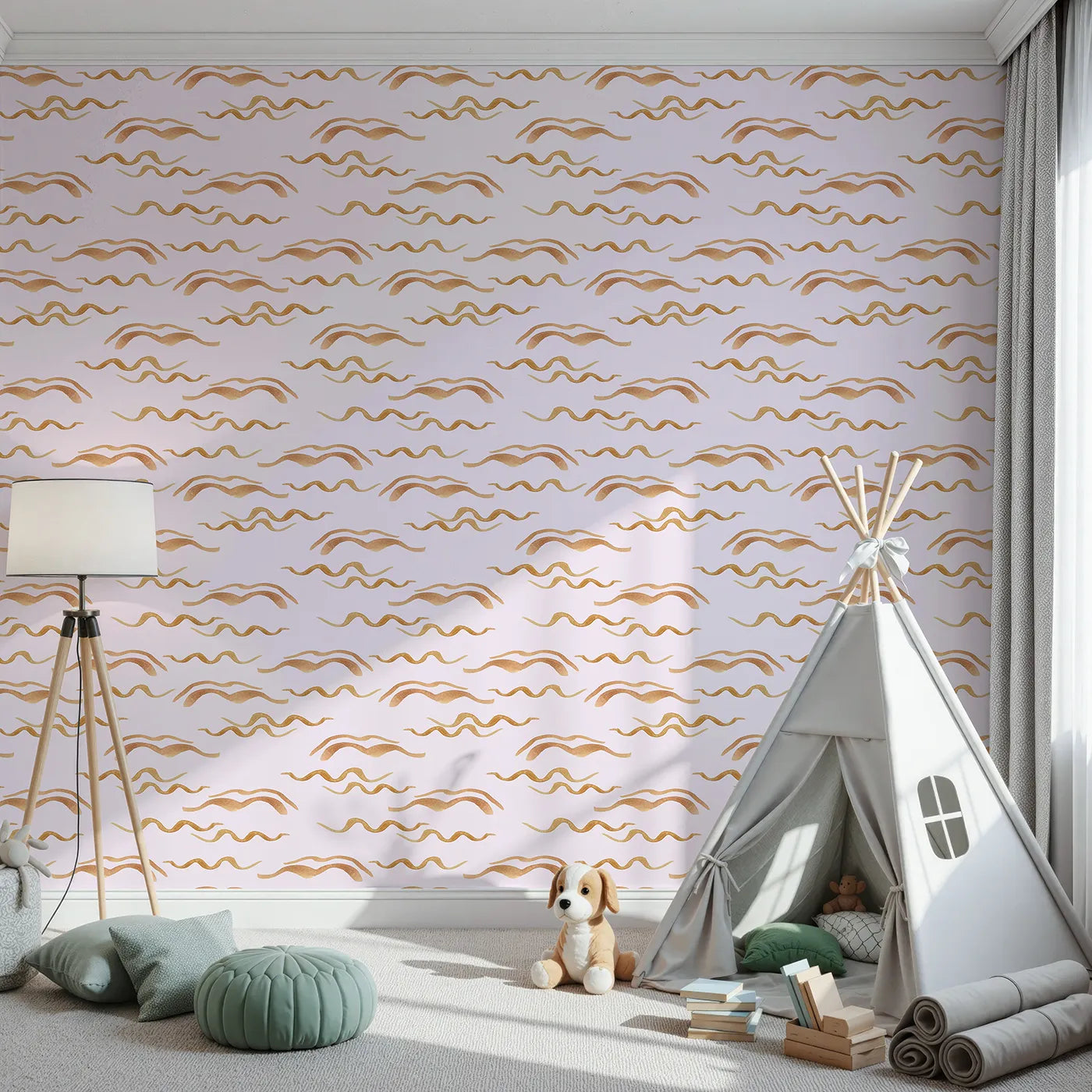 Front view of Whimsy Tots' Soft Wave Rhythm Wallpaper in Blush Pink