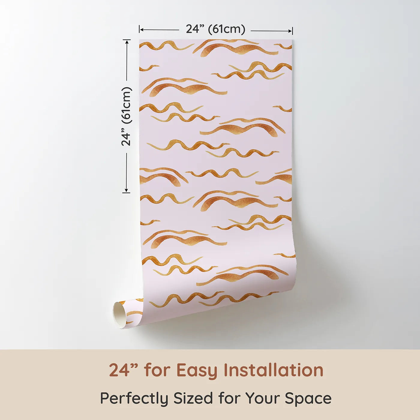 Dimension view of Whimsy Tots Soft Wave Rhythm Wallpaper in Blush Pink (W3379B). Printed in 24-inch-wide panel for easy installation. Earth-toned waves ripple softly on a gentle blush sky.