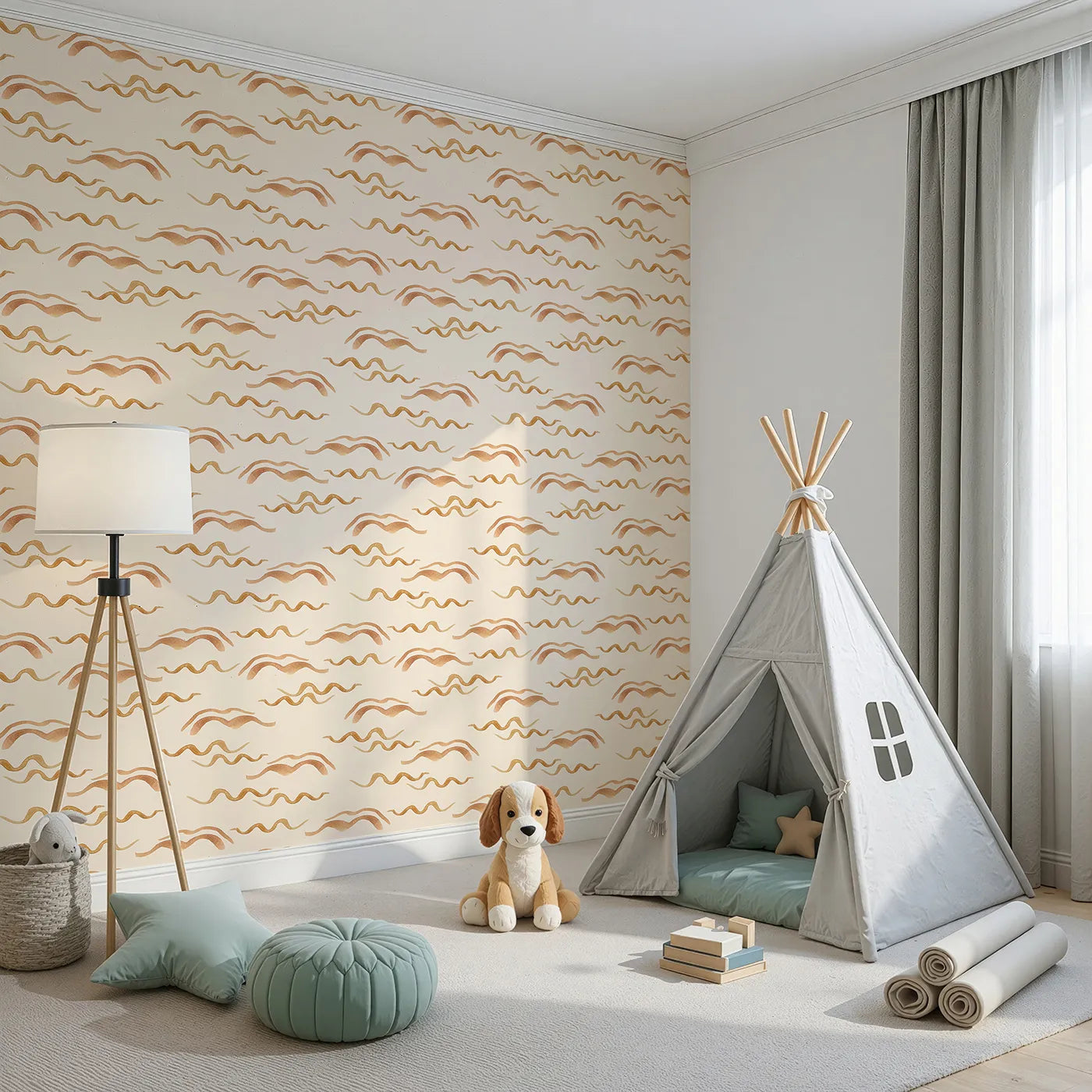 Angled view of Whimsy Tots' Soft Wave Rhythm Wallpaper in Sand (W3379C).Earthy wave lines ripple softly on a warm sand sky.