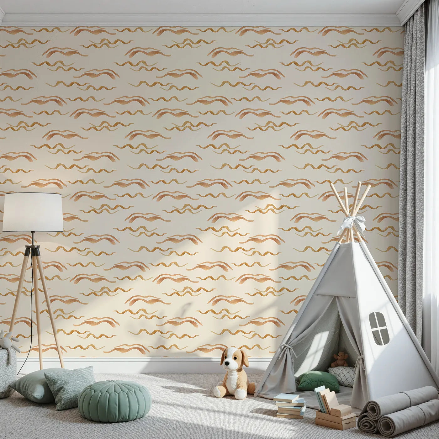 Front view of Whimsy Tots' Soft Wave Rhythm Wallpaper in Sand