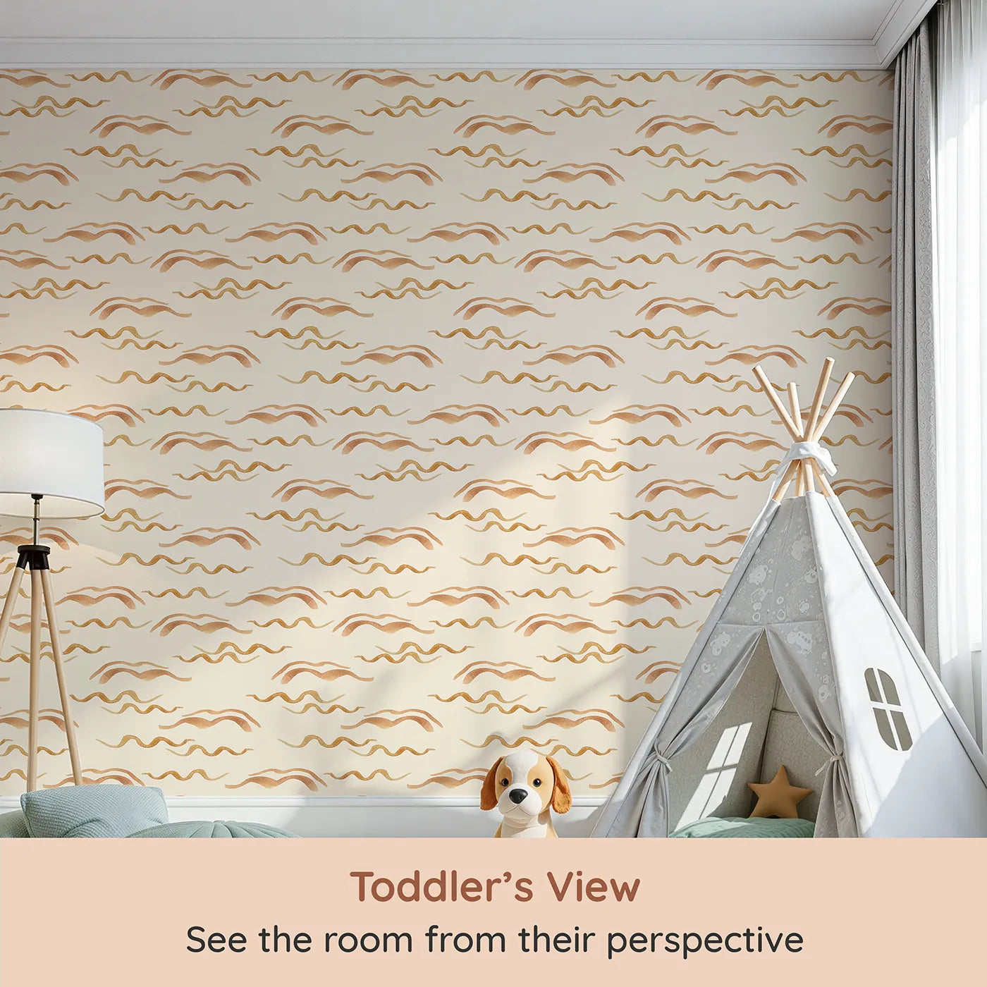 Whimsy Tots Soft Wave Rhythm Wallpaper in Sand (W3379C) from your child's view.Earthy wave lines ripple softly on a warm sand sky.