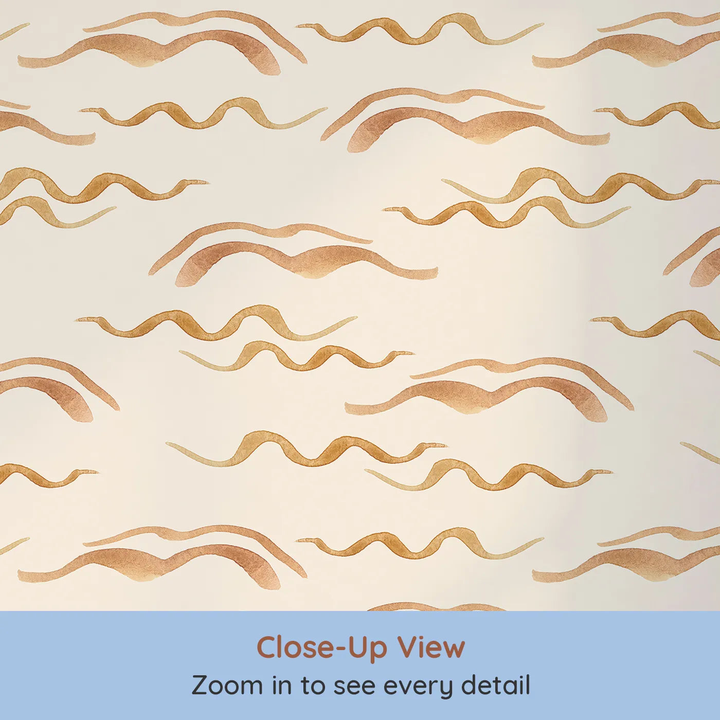 Close-up view of Whimsy Tots' Soft Wave Rhythm Wallpaper in Sand (W3379C).Earthy wave lines ripple softly on a warm sand sky.