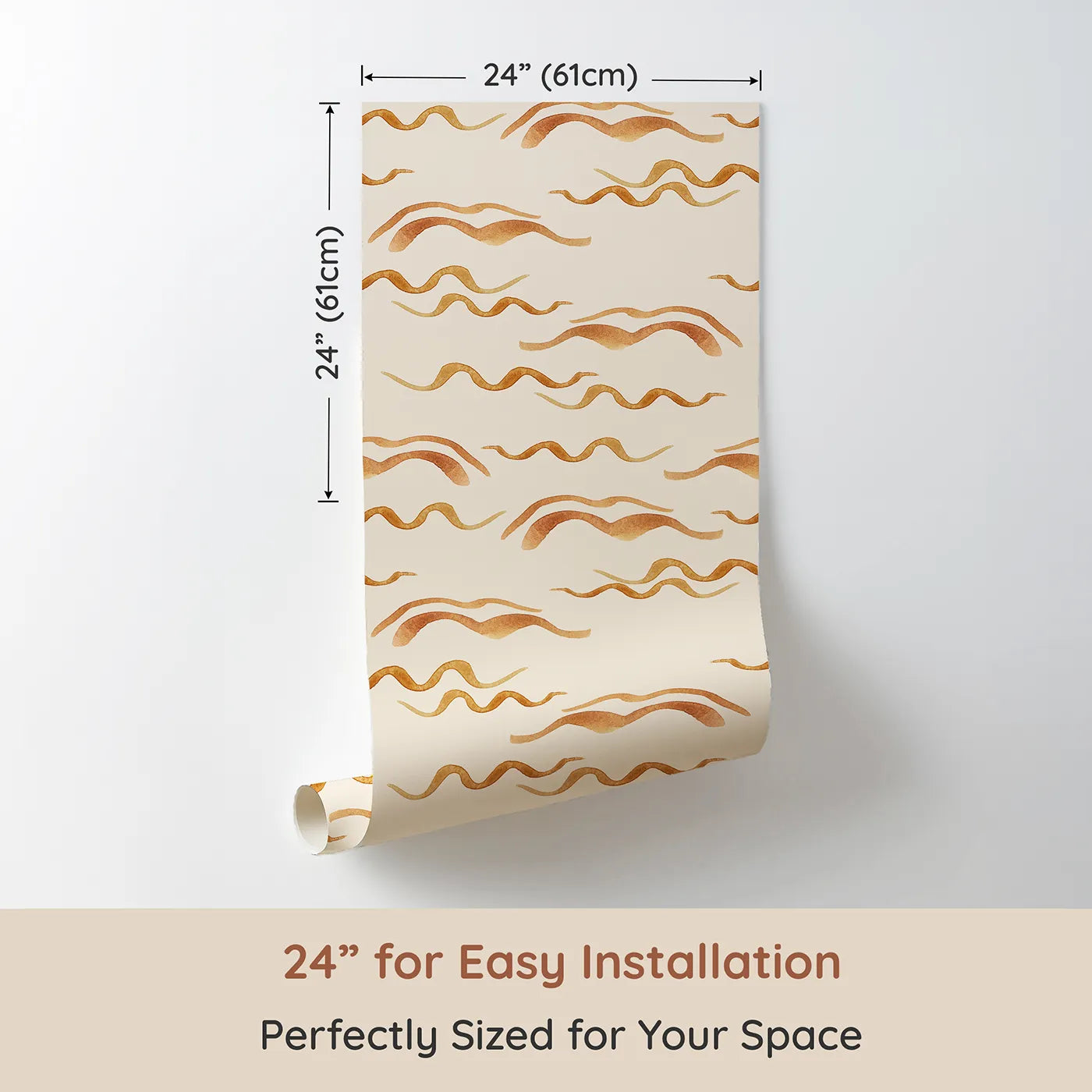 Dimension view of Whimsy Tots Soft Wave Rhythm Wallpaper in Sand (W3379C). Printed in 24-inch-wide panel for easy installation. Earthy wave lines ripple softly on a warm sand sky.