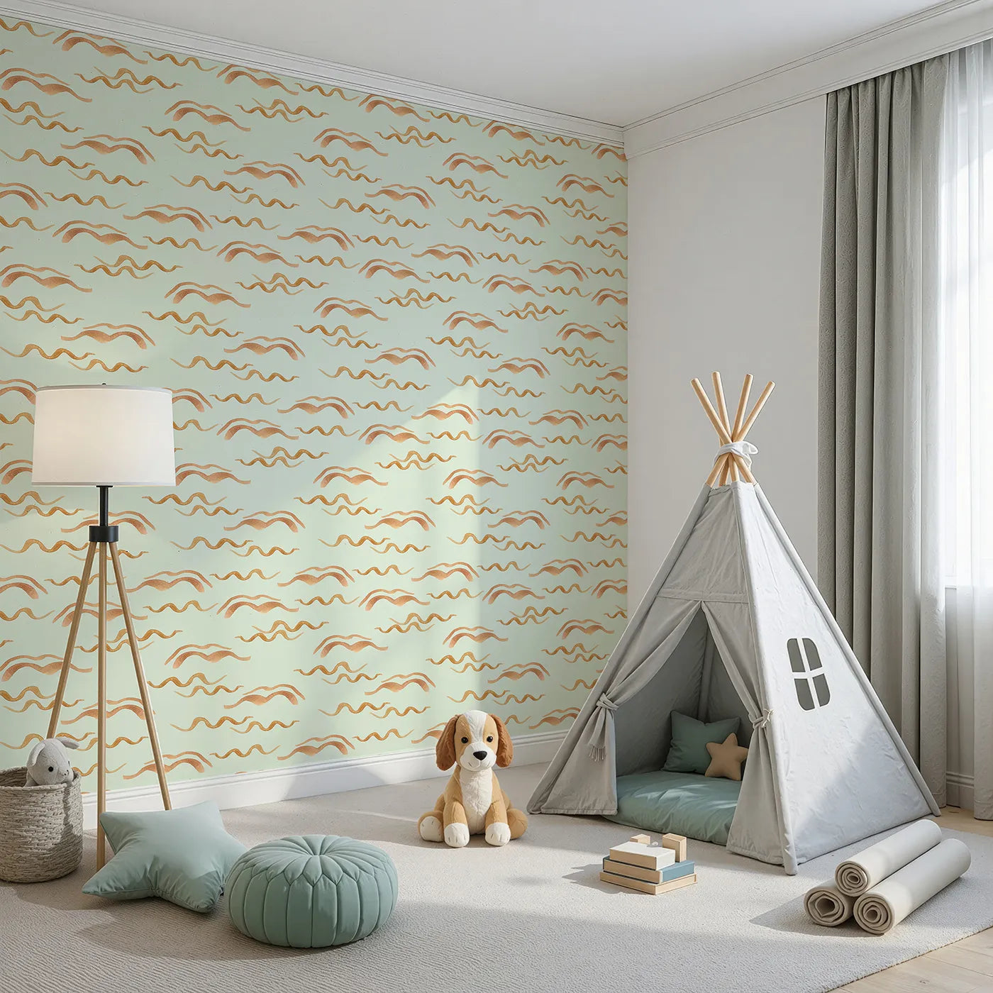 Angled view of Whimsy Tots' Soft Wave Rhythm Wallpaper in Mint Green (W3379D).Warm waves float gently on a minty green breeze.