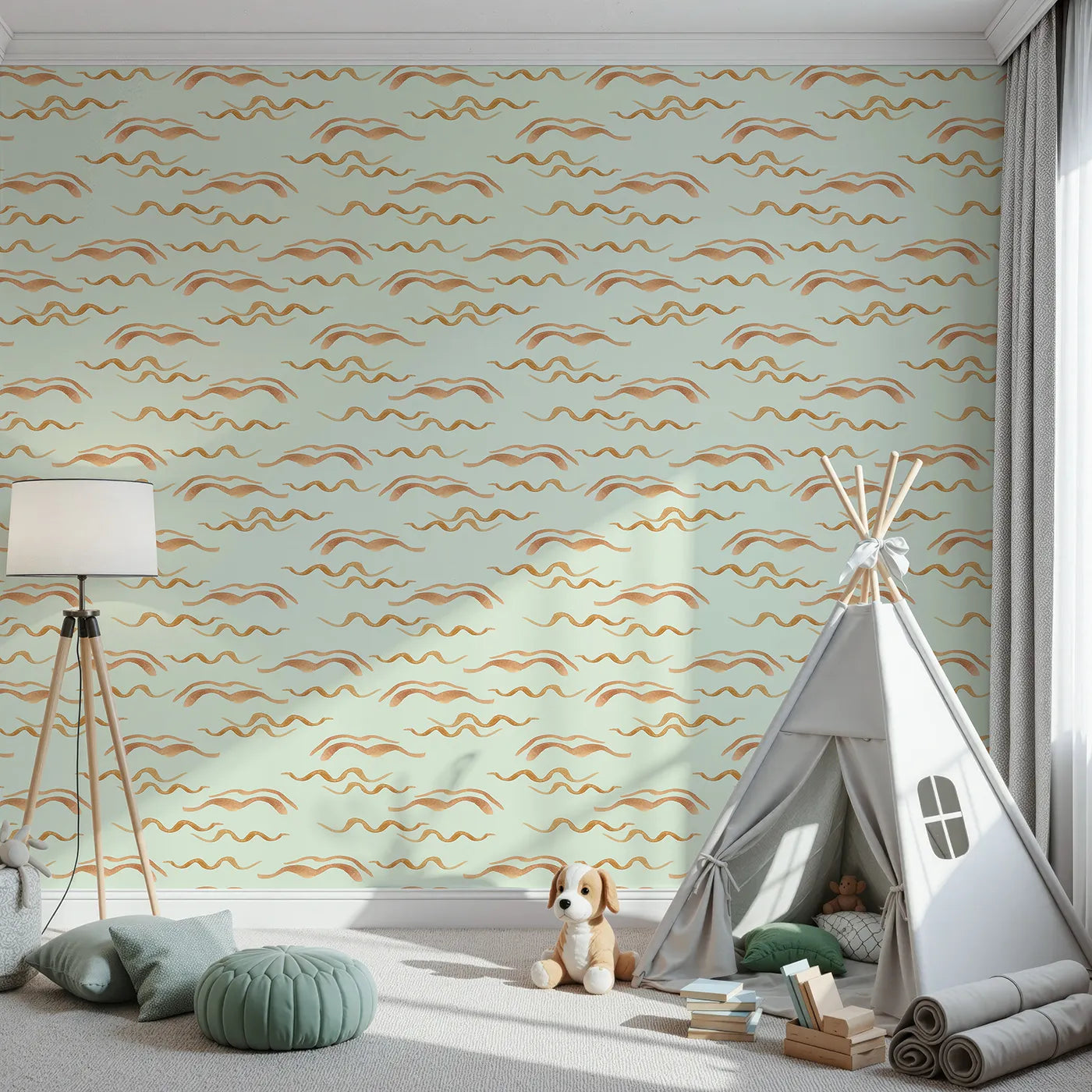 Front view of Whimsy Tots' Soft Wave Rhythm Wallpaper in Mint Green