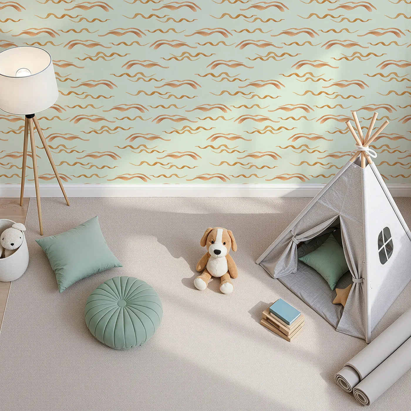 Top-Down view of Whimsy Tots' Soft Wave Rhythm Wallpaper in Mint Green (W3379D).Warm waves float gently on a minty green breeze.