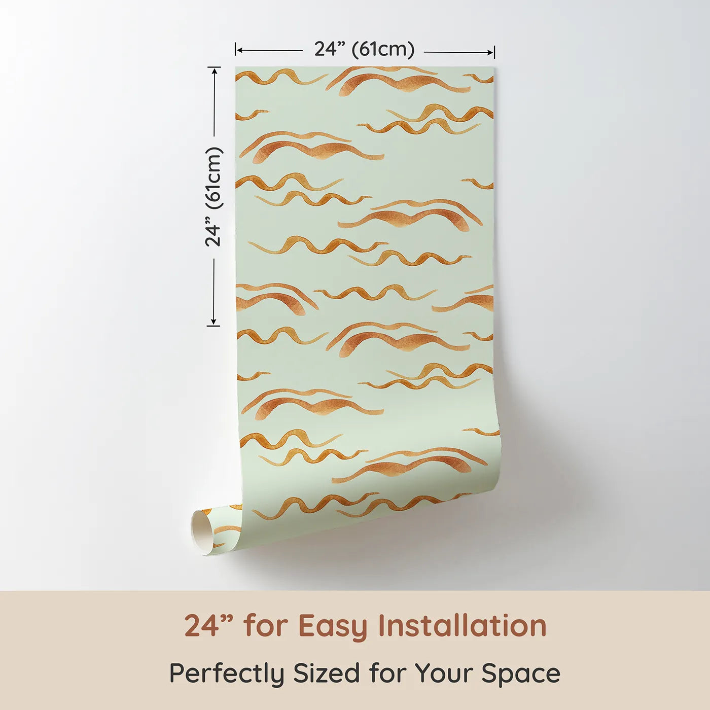 Dimension view of Whimsy Tots Soft Wave Rhythm Wallpaper in Mint Green (W3379D). Printed in 24-inch-wide panel for easy installation. Warm waves float gently on a minty green breeze.