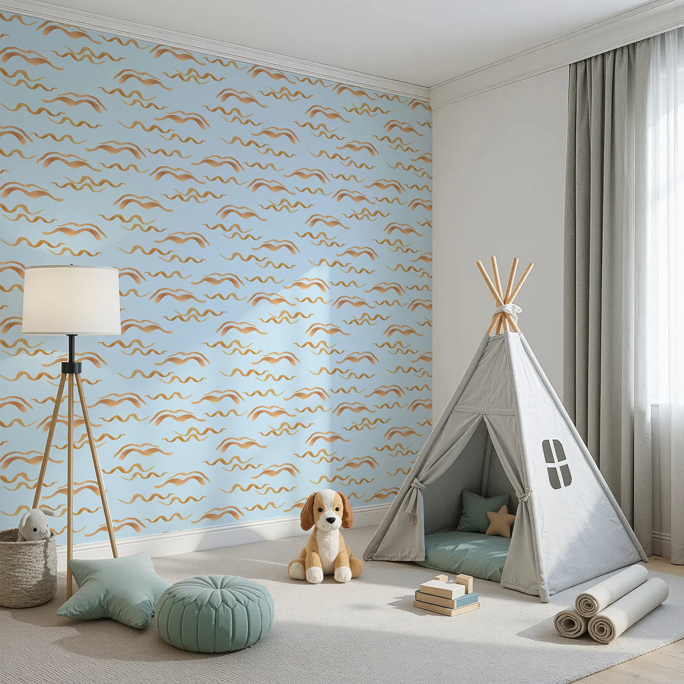 Angled view of Whimsy Tots' Soft Wave Rhythm Wallpaper in Sky Blue (W3379E).Earthy wave lines ripple softly on a peaceful sky blue canvas.