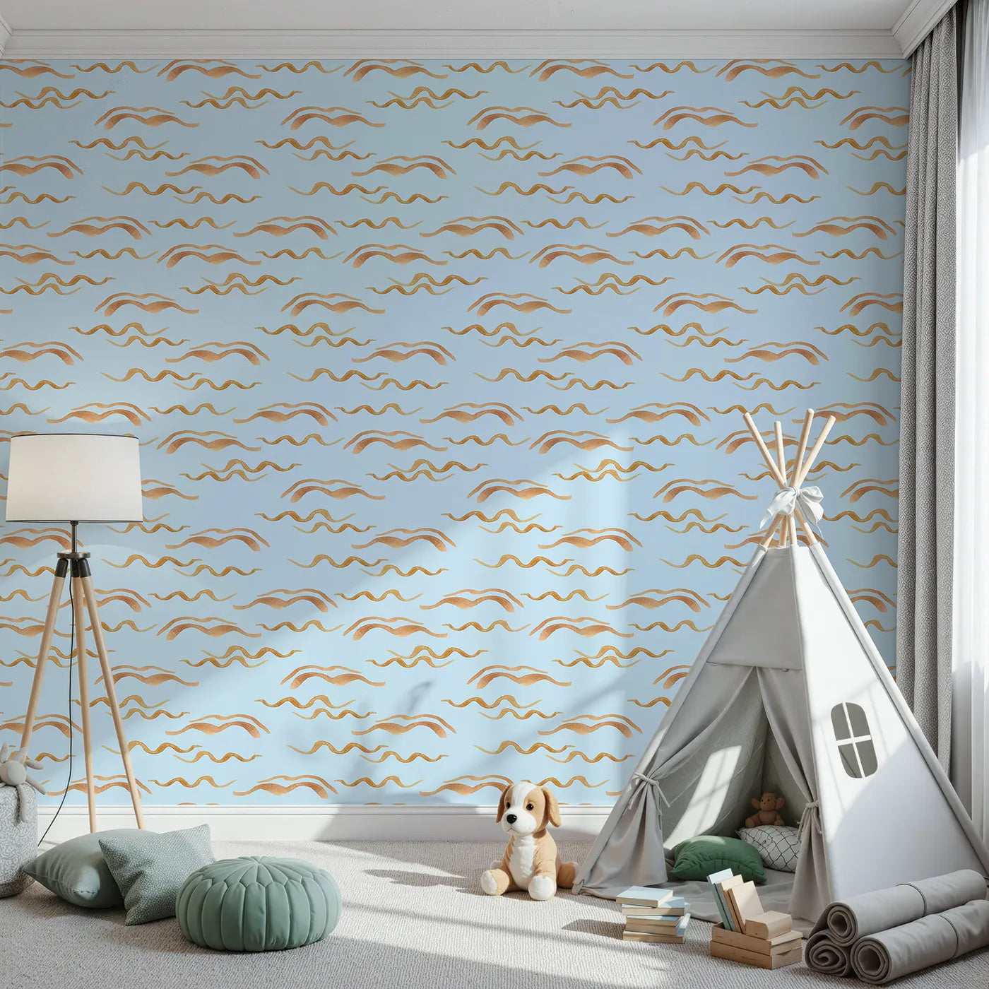 Front view of Whimsy Tots' Soft Wave Rhythm Wallpaper in Sky Blue