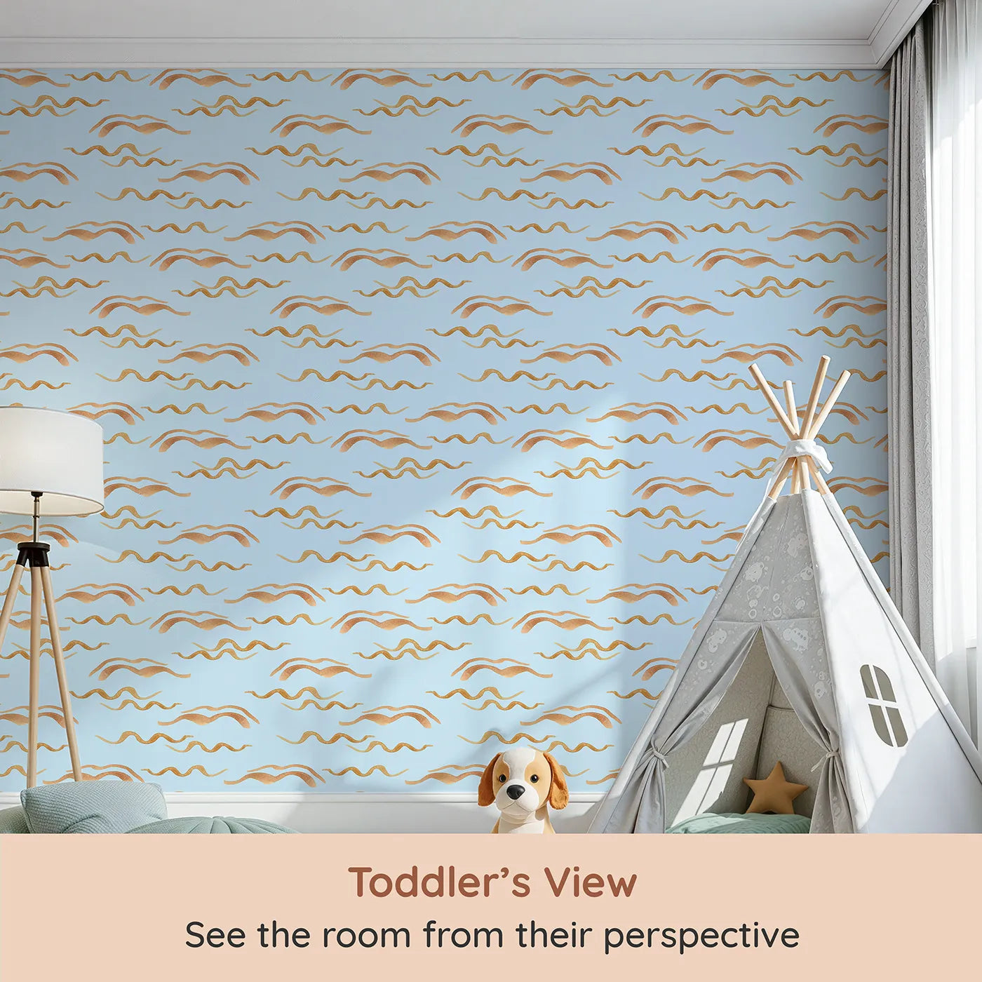 Whimsy Tots Soft Wave Rhythm Wallpaper in Sky Blue (W3379E) from your child's view.Earthy wave lines ripple softly on a peaceful sky blue canvas.