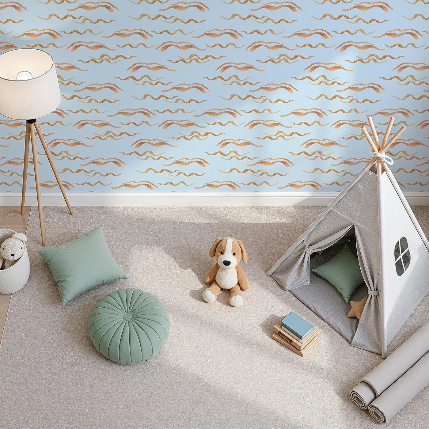 Top-Down view of Whimsy Tots' Soft Wave Rhythm Wallpaper in Sky Blue (W3379E).Earthy wave lines ripple softly on a peaceful sky blue canvas.