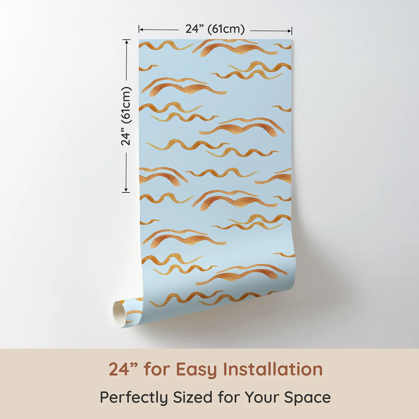Dimension view of Whimsy Tots Soft Wave Rhythm Wallpaper in Sky Blue (W3379E). Printed in 24-inch-wide panel for easy installation. Earthy wave lines ripple softly on a peaceful sky blue canvas.