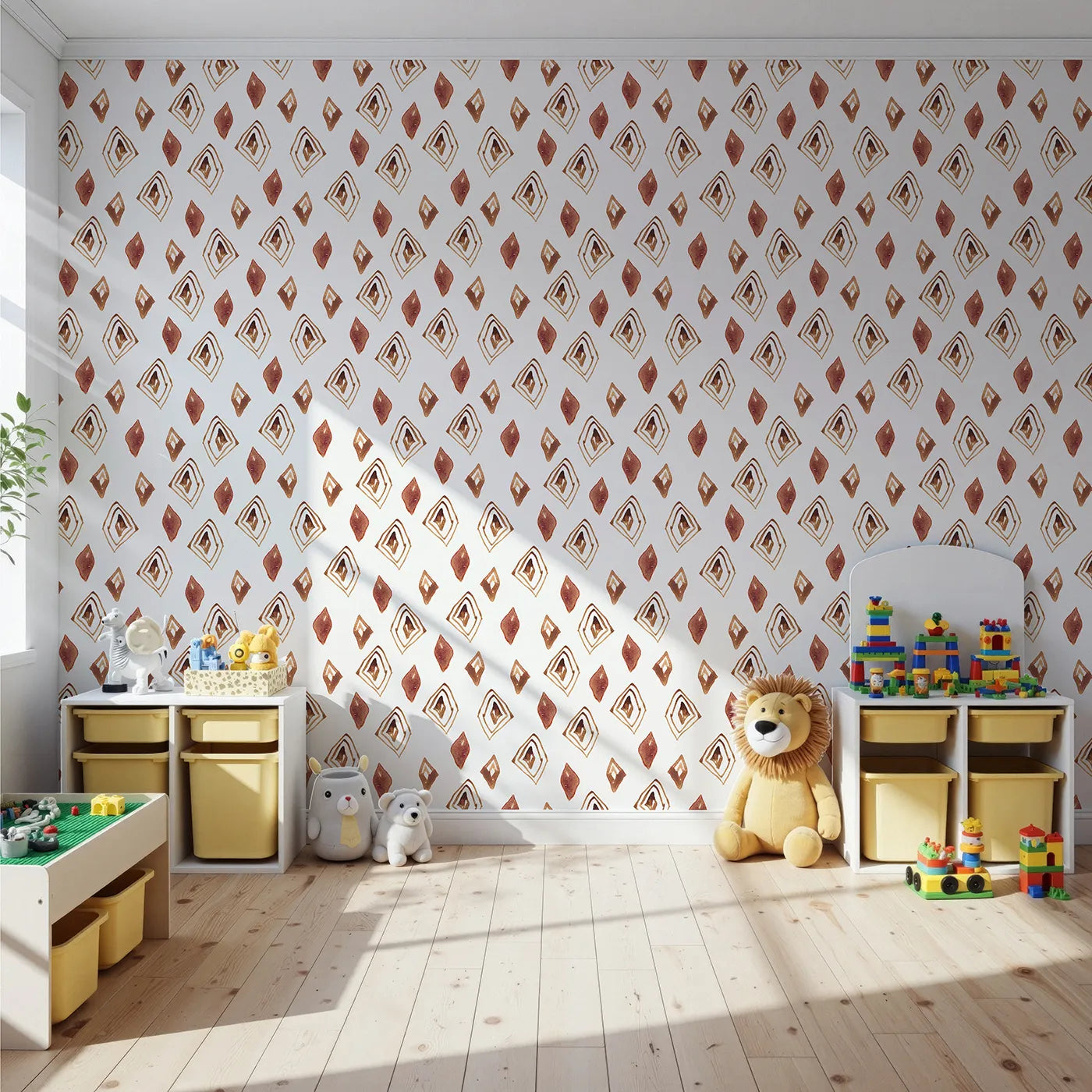Front view of Whimsy Tots' Terracotta Diamond Dance Wallpaper in White