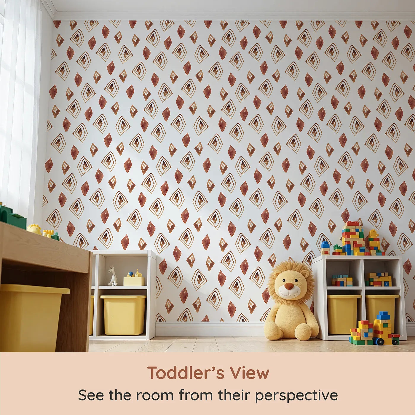 Whimsy Tots Terracotta Diamond Dance Wallpaper in White (W3381A) from your child's view.Rust-red diamonds and earthy lines dance on a crisp white sky.