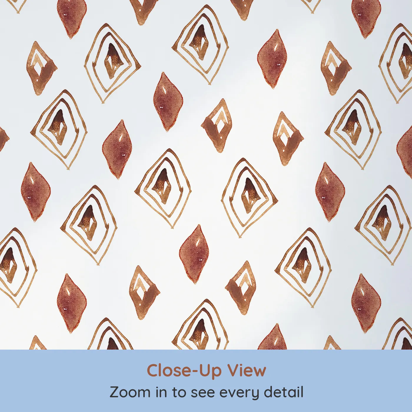 Close-up view of Whimsy Tots' Terracotta Diamond Dance Wallpaper in White (W3381A).Rust-red diamonds and earthy lines dance on a crisp white sky.
